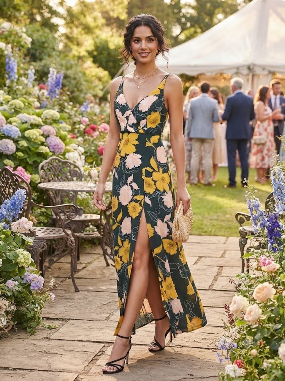 Iris Floral V-Neck Maxi Dress with Front Slit, Size S